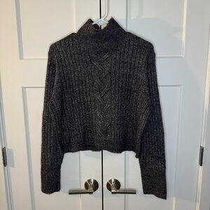 Ophelia Roe Women's Cropped Cable Knit Mock Neck Sweater Dark Gray Size Large